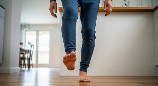 Low angle view of a person in sweatpants performing a single leg balance exercise barefoot on a wooden floor at home, focusing on stability and mindfulness
