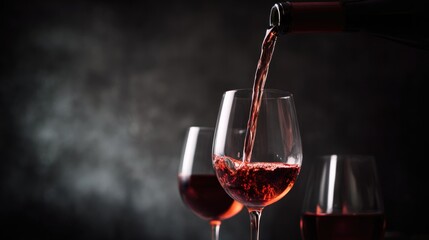 decanting. Red wine pouring into glasses, closeup action shot with moody dark background. bar promotions, beverage menus, designed for product packaging and bar promotions, inspires menu design.