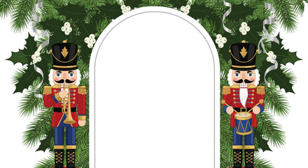 Festive Christmas Border Vector Illustration, Featuring Two Nutcracker Soldiers with Musical Instruments and an Arch Decorated with Holly, Pine Branches, and White Berries.