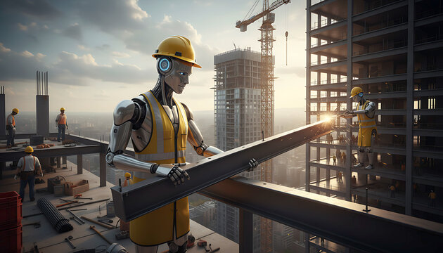Robot construction worker building modern skyscraper with ai technology