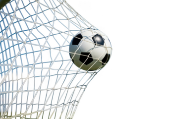 Soccer ball in net isolated on transparent background for sports and victory themes