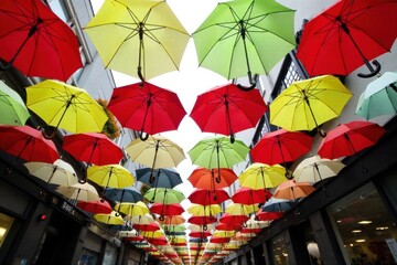 Umbrellas as Playful Elements in a Vibrant City Streetscape A dynamic and colorful arrangement of numerous upturned umbrellas forming a playful, decorative canopy above a clean, modern urban street.