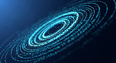 Abstract futuristic background featuring blue glowing particle swirls on a dark blue gradient. It represents technology, data, and digital science with light and motion.