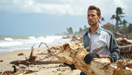 Beach Cleanup Aftermath: Man Holding Debris on Shore