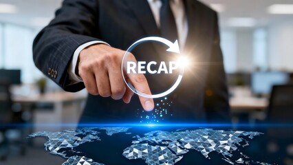 Businessman activating "Recap" button over global network interface Modern office background with corporate concept, digital transformation, business strategy, and