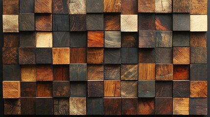 Wooden blocks of different colors and textures create a unique pattern