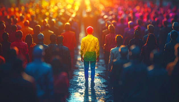 Standing Out: Individual in a Crowd with Vibrant Light