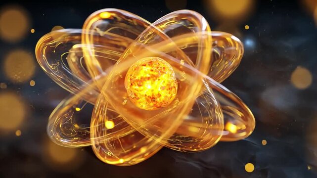 Radiant Atom Illustration: A stylized illustration of an atom, showcasing its energy with golden glow, signifying the core of matter and the essence of science.