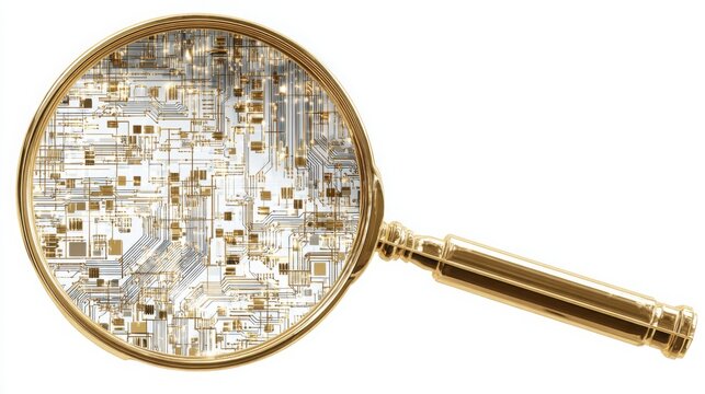 Enlarged magnifying glass featuring a detailed circuit board pattern representing technology and analytical insight