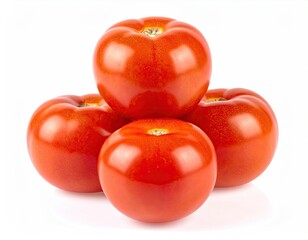 Four vibrant red tomatoes stacked on a white background