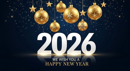 Celebrate a dazzling New Year 2026 with festive golden ornaments and twinkling lights, sending warm wishes for joy and prosperity in the coming year