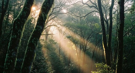 Sunlight streams through the forest canopy creating a magical atmosphere.
