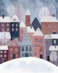 Whimsical Winter Village Illustration with Snow Covered Houses and Trees, studio quality composition for seasonal branding, close up detail and layered