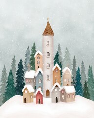 Fototapeta premium Charming Winter Village Illustration with Snow Covered Houses and Tower, high resolution printable artwork for decor, elegant composition suitable for
