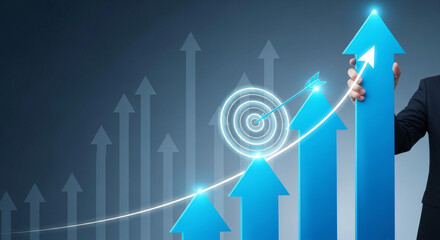 A blue arrow growth chart shows upward trends with light trails in a dark background. A businessman holds one of the arrows symbolizing vision, goals, target and achievement.