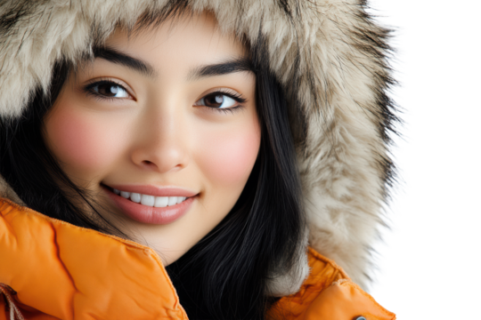 Close-up of smiling woman in fur hood