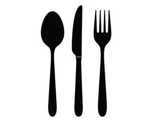 Black silhouette of a spoon, knife, and fork aligned horizontally on a white background image view