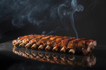 Barbecue pork ribs with smoke rising on a dark reflective surface meat food