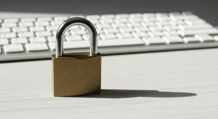Naklejka premium A close-up shows a golden padlock near a keyboard on a white wooden table, symbolizing internet security and data protection, ensuring online safety and privacy.