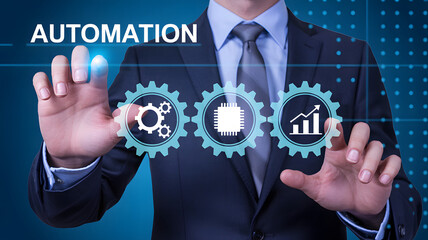 Businessman interacts with futuristic automation interface featuring gears and growth chart