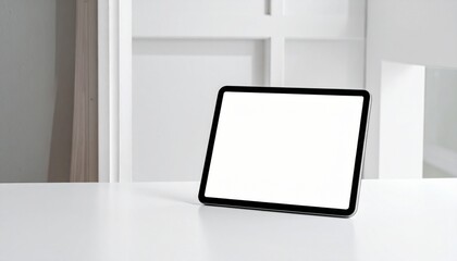 Fototapeta premium Sleek modern digital tablet with a pristine blank white screen, perfectly positioned on a minimalist desk in a bright, contemporary workspace, ideal for showcasing designs and content