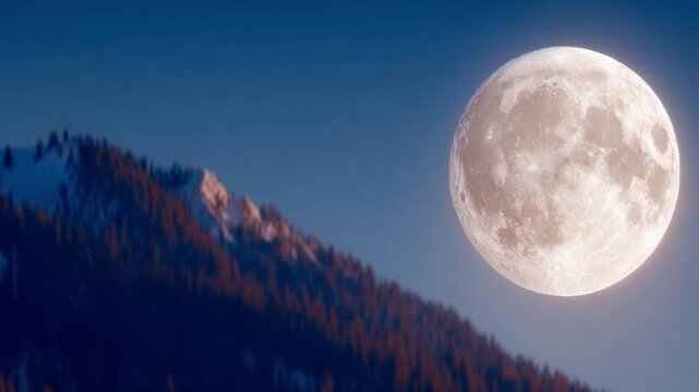 Lunar Majesty over Mountain: Witness the breathtaking sight of a full moon ascending above a rugged mountain range, painting the evening sky with serene beauty and tranquility.