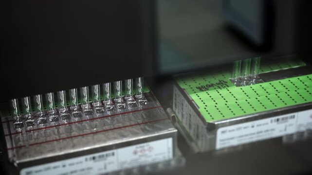 Close up of reagent cartridges and capillaries inside automatic DNA sequencing instrument in clinical laboratory indoors for genetics research diagnostics and biotechnology concepts.
