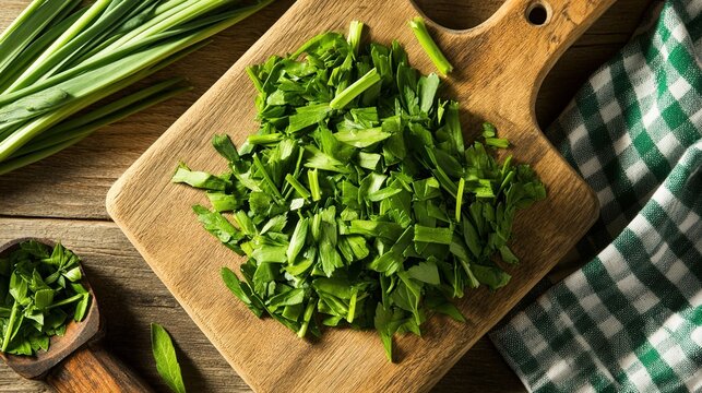 lovage. Freshly chopped lovage leaves on a rustic wooden cutting board, bright green color and texture. menu design, packaging mockups, designed for culinary blogs and recipe cards for restaurants.