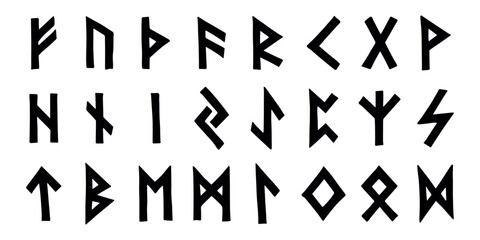 Set of hand drawn viking runes Ancient scandinavian futhark germanic celtic alphabet clipart in doodle style Single element for print, web, design, decor