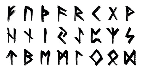 Set of hand drawn viking runes Ancient scandinavian futhark germanic celtic alphabet clipart in doodle style Single element for print, web, design, decor