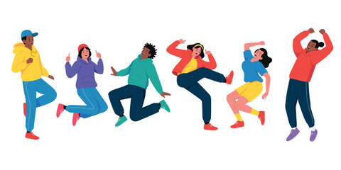 Colorful flat illustration of diverse friends jumping with energy and joy. Each character shows dynamic movement, bright outfits, and positive emotions, perfect for themes of happiness and celebration