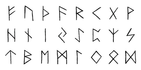 Set of hand drawn viking runes Ancient scandinavian futhark germanic celtic alphabet clipart in doodle style Single element for print, web, design, decor