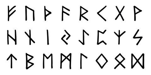 Set of hand drawn viking runes Ancient scandinavian futhark germanic celtic alphabet clipart in doodle style Single element for print, web, design, decor
