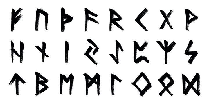 Set of hand drawn viking runes Ancient scandinavian futhark germanic celtic alphabet clipart in doodle style Single element for print, web, design, decor