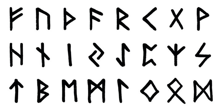 Set of hand drawn viking runes Ancient scandinavian futhark germanic celtic alphabet clipart in doodle style Single element for print, web, design, decor