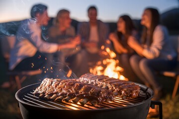 Barbecue ribs cooking on grill with friends gathered around fire grilling meat