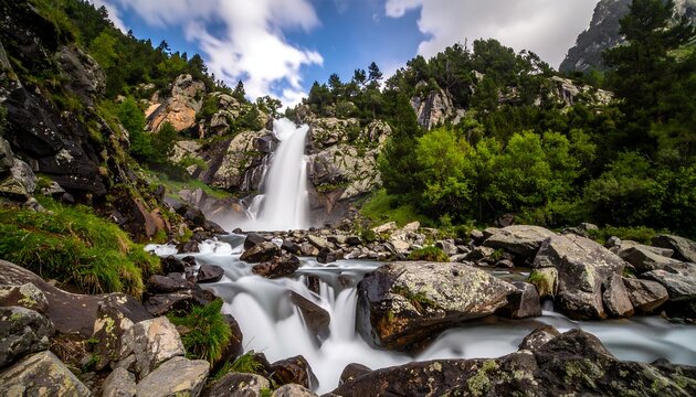 Cascading water over rocks amidst lush greenery under a cloudy sky - Powered by Adobe