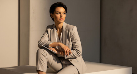 Professional businesswoman in beige suit sitting elegantly with digital tablet in modern office setting