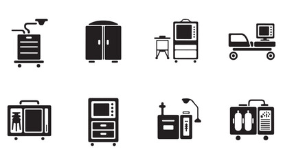  Collection of black and white medical equipment icons on a white background