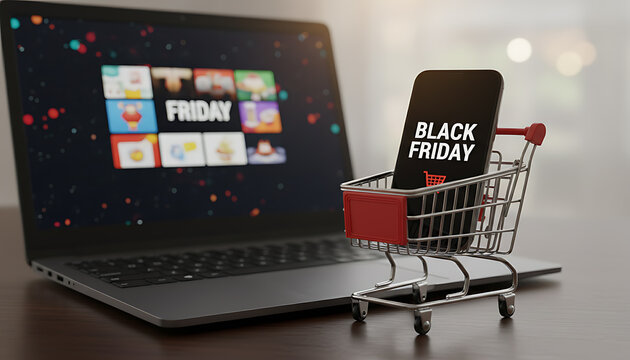 Black friday online shopping with smartphone in miniature cart