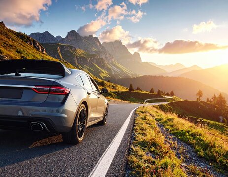 Gray Sportscar Ascending Mountain Road Under Sunset Sky with Dramatic Clouds and Alpine Backdrop Featuring Rolling Hillsides and Distant Peaks
