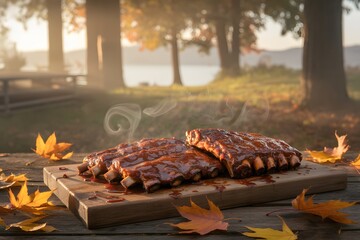 Hot Barbecue Pork Ribs on Wooden Board Autumn Outdoor Setting meat food