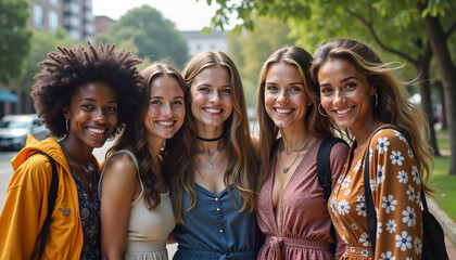 Group of five young women smiling and posing together outdoors in a sunny park setting

