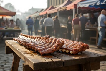 Raw Pork Ribs Displayed on Wooden Table at Outdoor Market raw meat barbecue