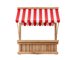 Red and white striped awning over a wooden market stall
