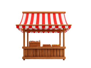 A small wooden stall with a red and white striped awning