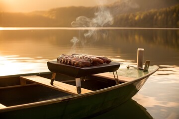 Ribs cooking on grill in boat on lake at sunset barbecue