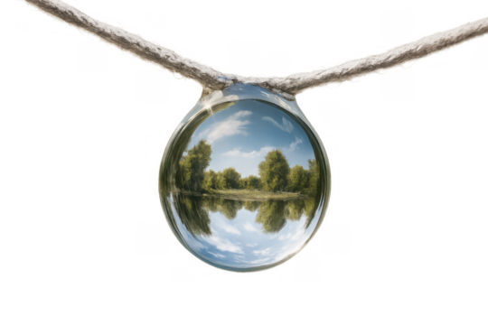 Water drop encompassing a reflected summer landscape with green trees and blue sky, hanging on a rope with transparent background - Powered by Adobe