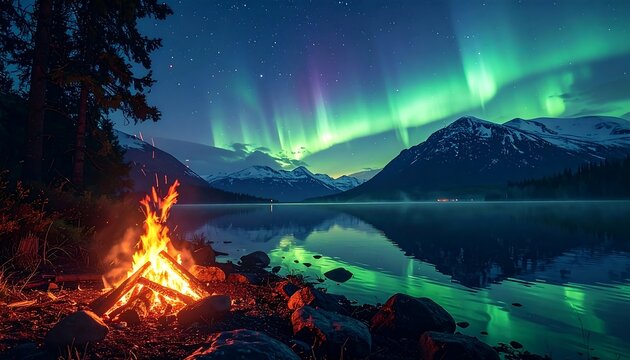 A serene nighttime scene by a lake, a campfire glows against the backdrop of mountains and a vibrant aurora borealis - Powered by Adobe