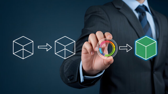 Businessman transforms data into actionable insights with innovative digital process